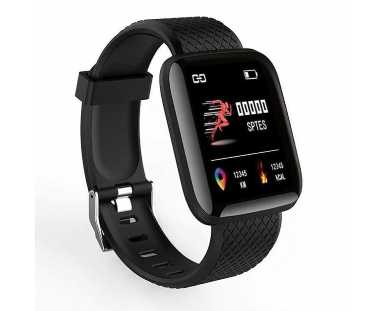 Black fitness smartwatch displaying steps and calories