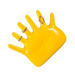 Yellow mannequin hand displaying decorative rings