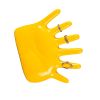 Yellow mannequin hand displaying assorted decorative rings