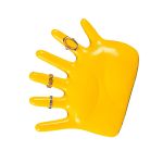 Yellow mannequin hand displaying multiple gold rings