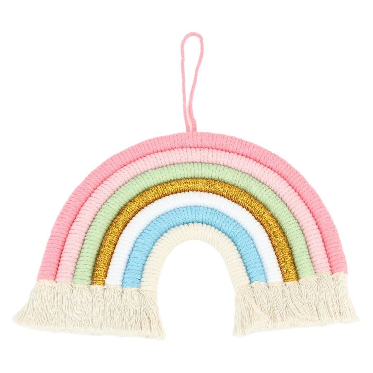 macrame woven rainbow 7 colors hand woven rainbow wall hanging tassel decoration for home room photo prop bz 703 Pastel macramé rainbow wall hanging with tassels