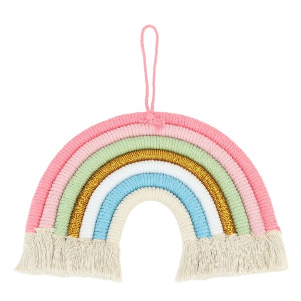 macrame woven rainbow 7 colors hand woven rainbow wall hanging tassel decoration for home room photo prop bz 703 Pastel macramé rainbow wall hanging with tassels