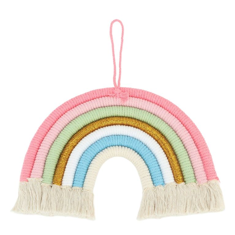 macrame woven rainbow 7 colors hand woven rainbow wall hanging tassel decoration for home room photo prop bz 703 Pastel macramé rainbow wall hanging with tassels