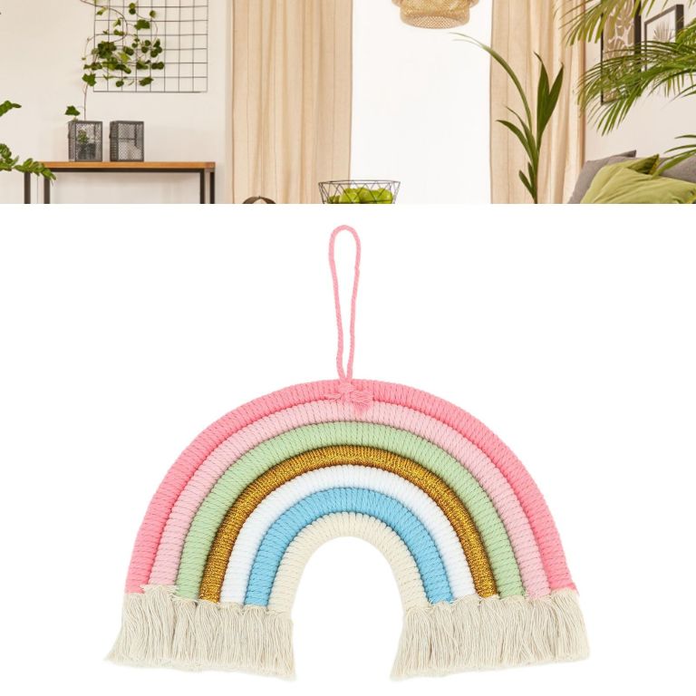macrame woven rainbow 7 colors hand woven rainbow wall hanging tassel decoration for home room photo prop bz 703 Pastel macramé rainbow wall hanging with tassels