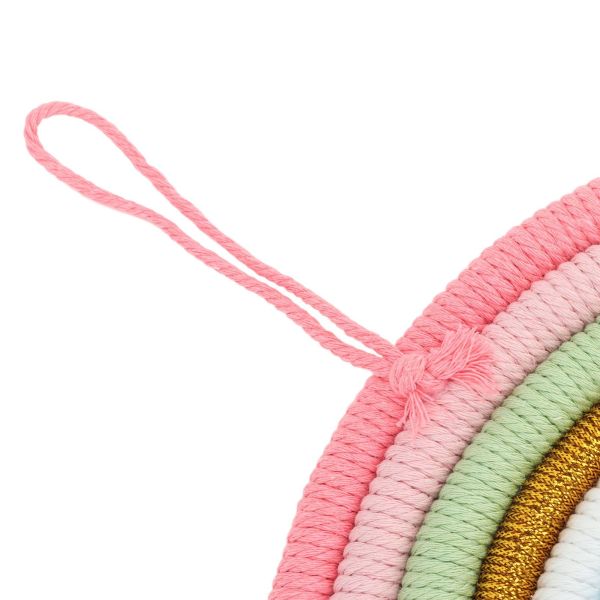 macrame woven rainbow 7 colors hand woven rainbow wall hanging tassel decoration for home room photo prop bz 703 Close-up of pastel woven rainbow wall hanging