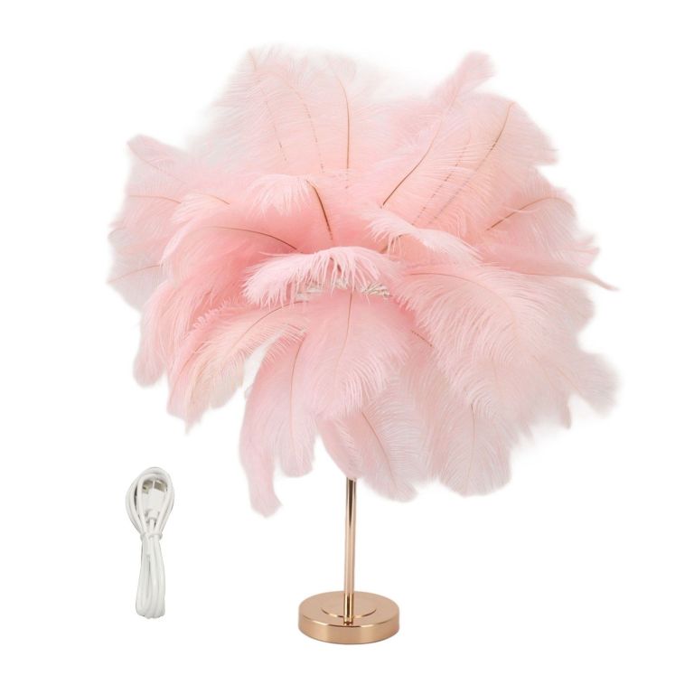 Pink feather table lamp with gold base