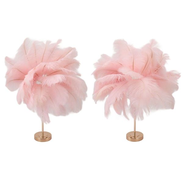 Two pink feather arrangements on gold stands