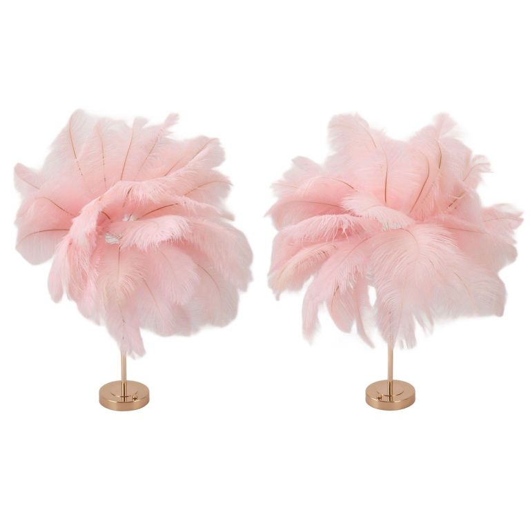 Two pink feather arrangements on gold stands