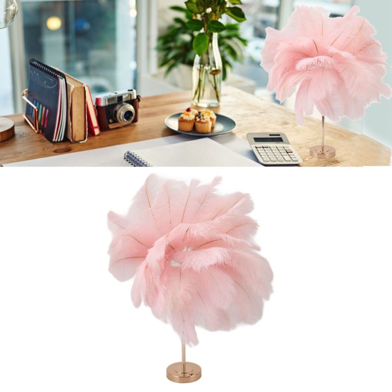 Pink feather table lamp on stylish desk