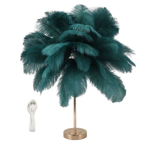 v1294 ym0521 3119230059414 00.jpg Teal feather table lamp with gold base