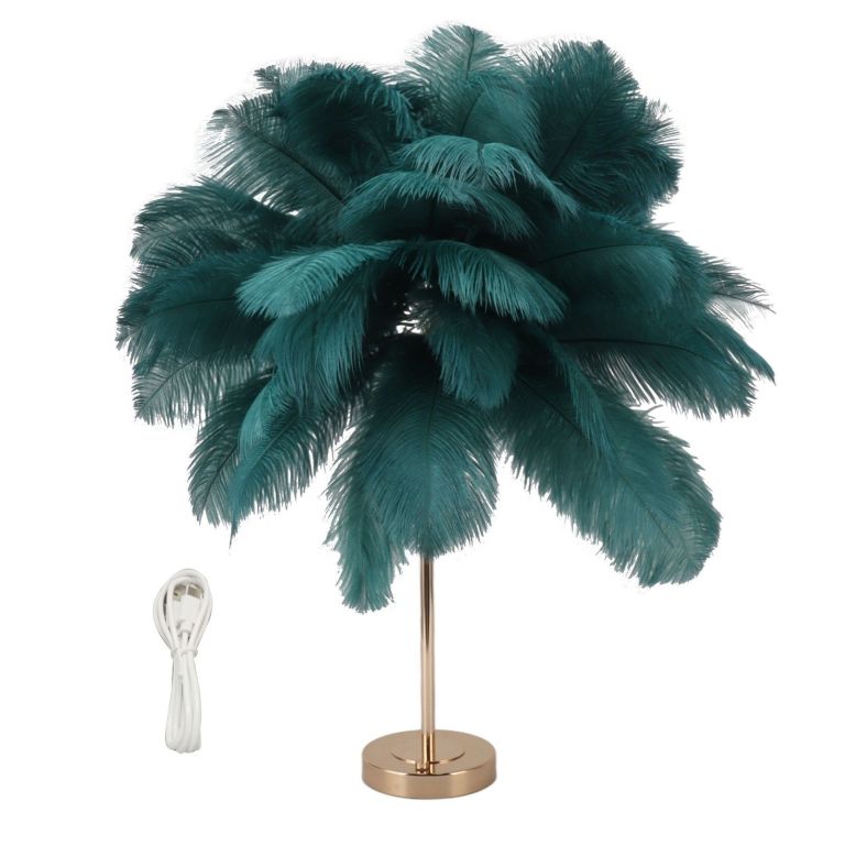 Teal feather table lamp with gold base