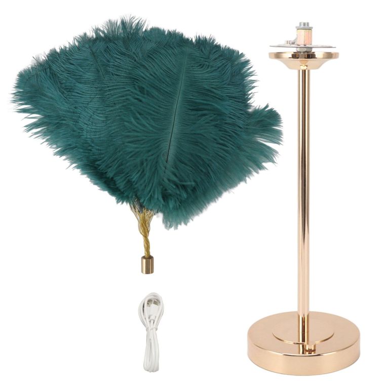 Teal feather lampshade on gold table lamp