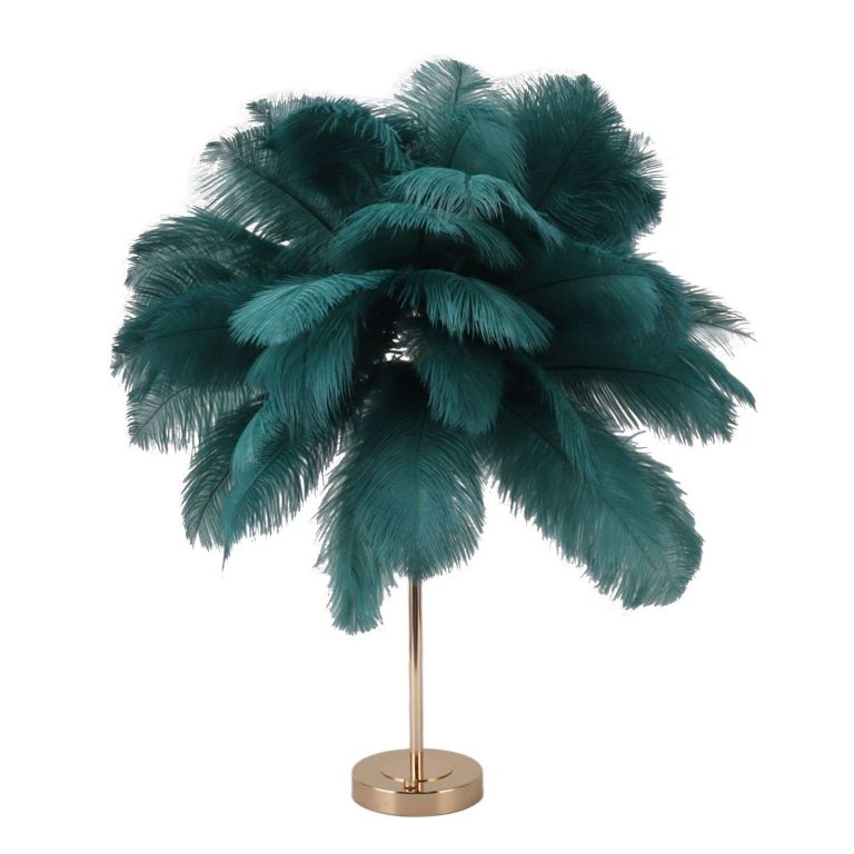 Teal feather lamp with gold stand
