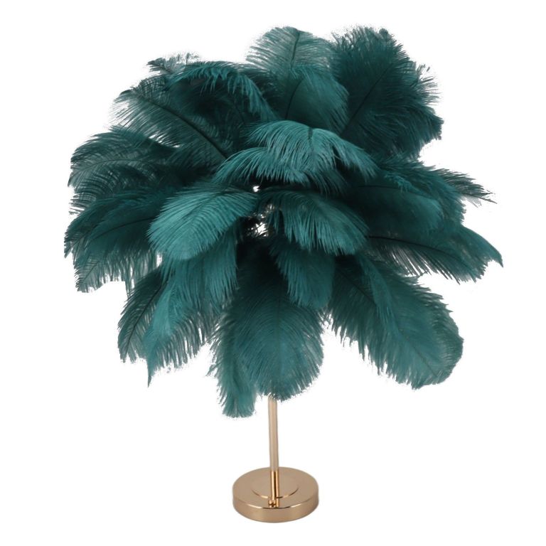 Teal ostrich feather lamp on gold stand