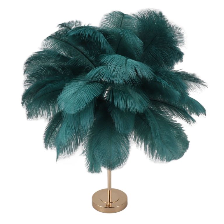 Teal feather table lamp with gold base