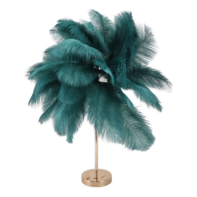 Teal feather table lamp with gold base