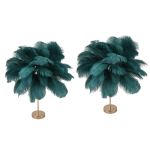 Pair of teal feather table lamps with gold bases