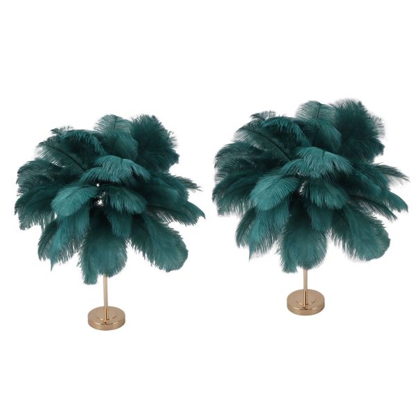 Pair of teal feather table lamps with gold bases