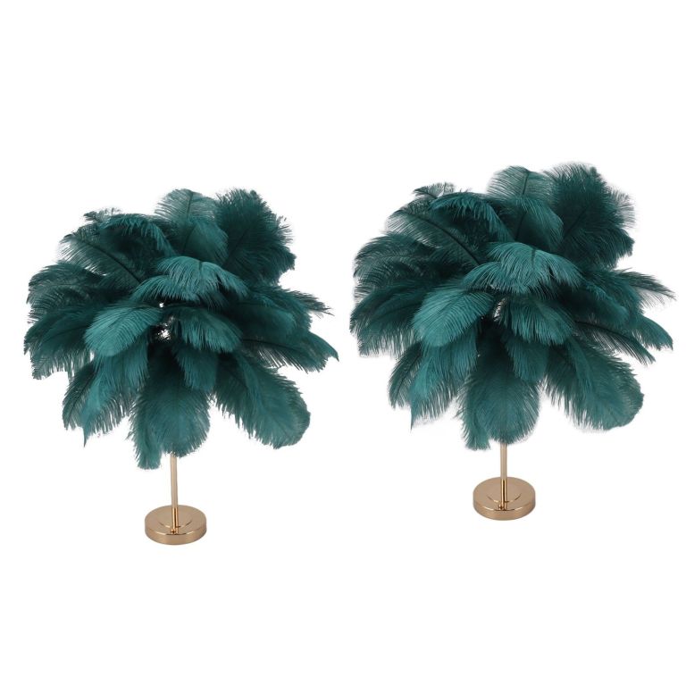 Pair of teal feather table lamps with gold bases