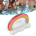 inflatable rainbow cloud drink holder floating beverage salad fruit serving bar pool float tool Friends in pool with drinks and rainbow float