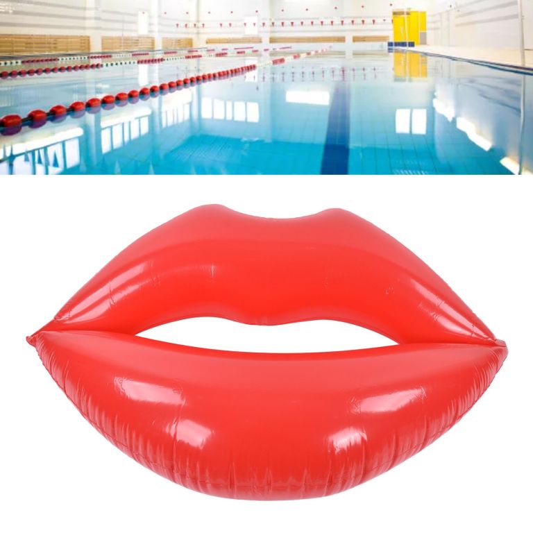 Indoor pool and red inflatable lips float