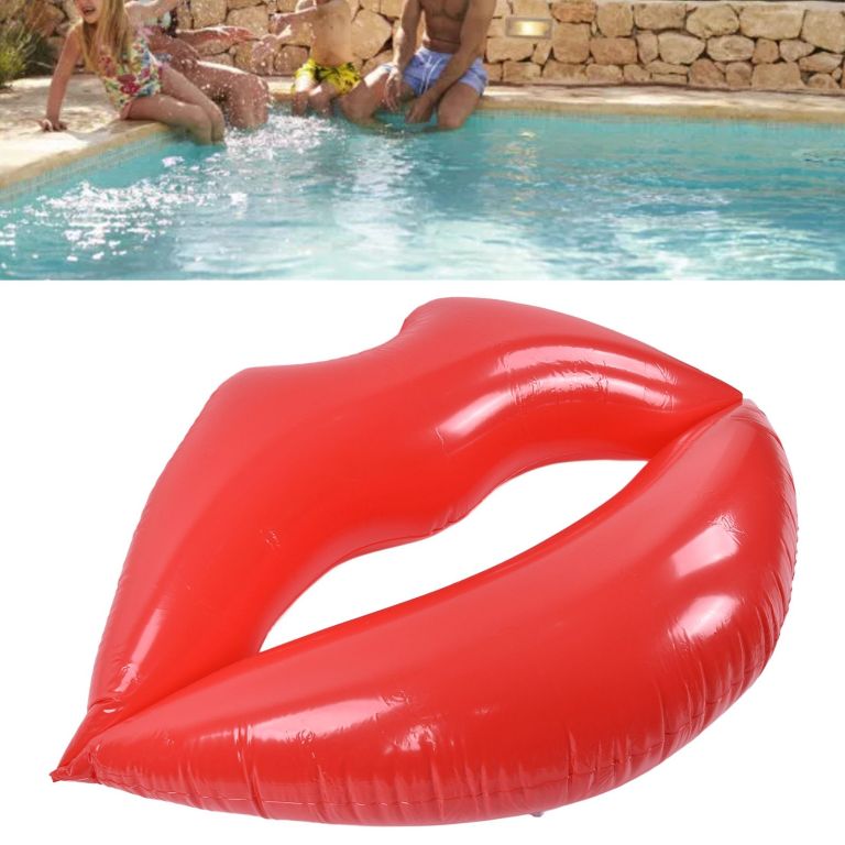 Red lips inflatable pool float on white background