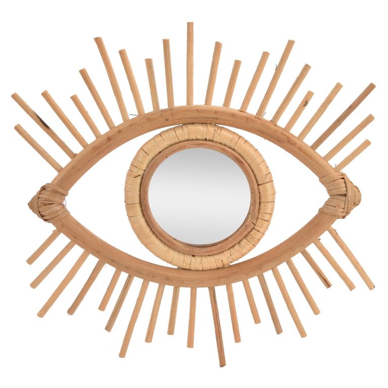 Rattan eye-shaped mirror with sunburst frame
