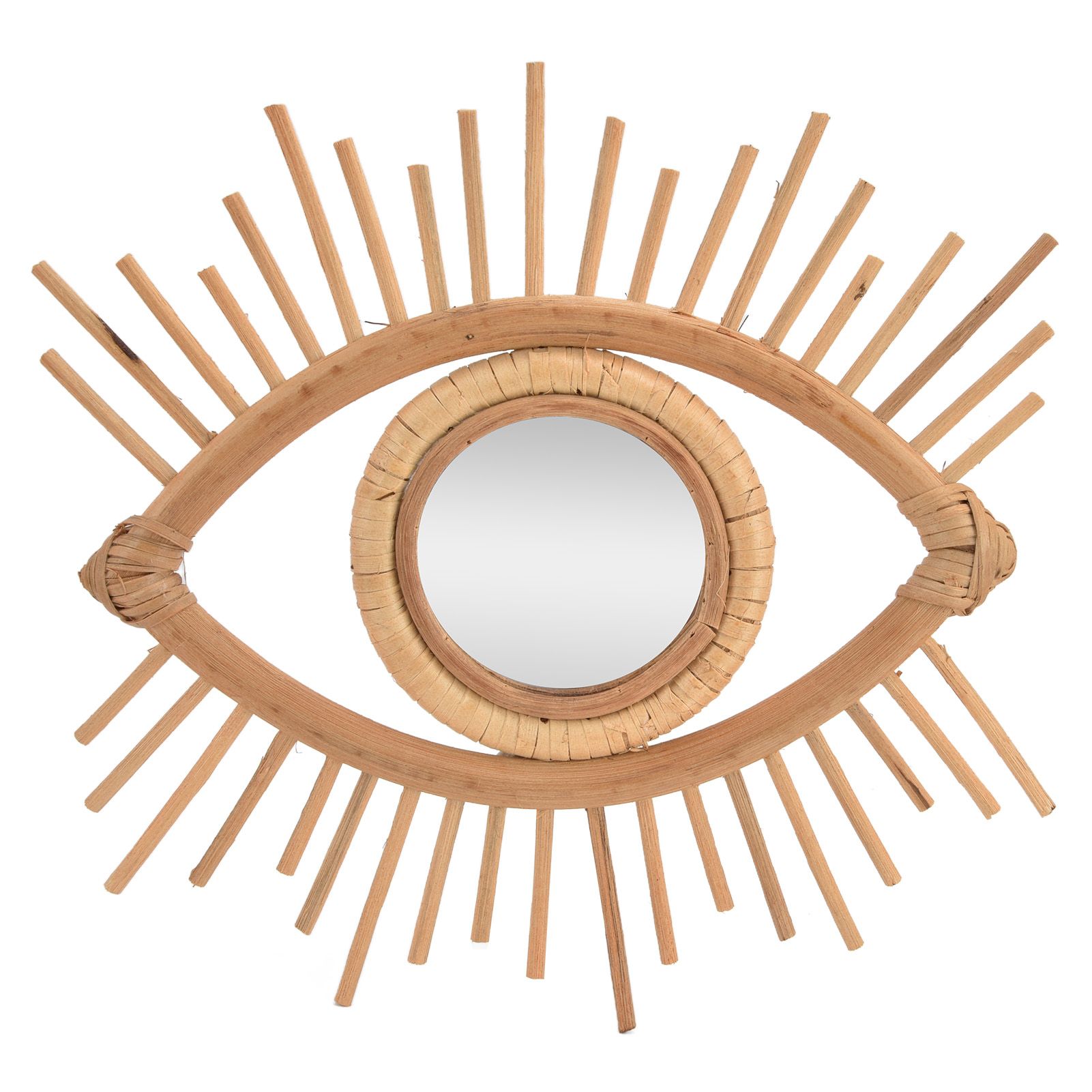 Rattan eye-shaped mirror with sunburst frame