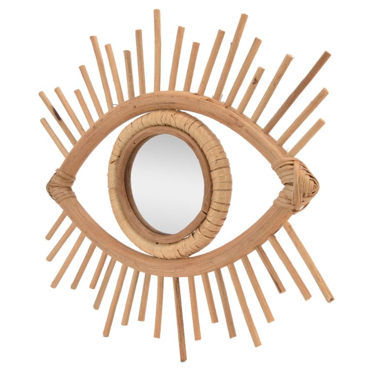 Rattan eye-shaped mirror with sunburst frame