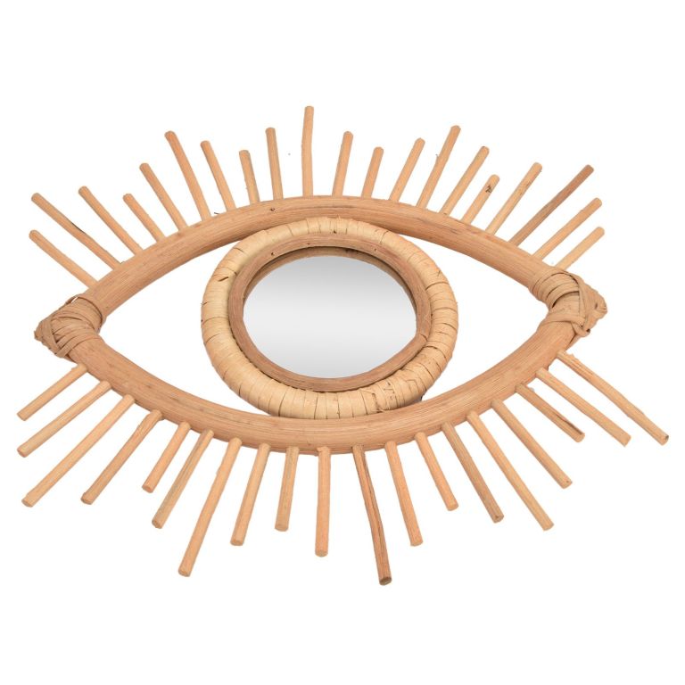 Rattan eye-shaped mirror with sunburst frame