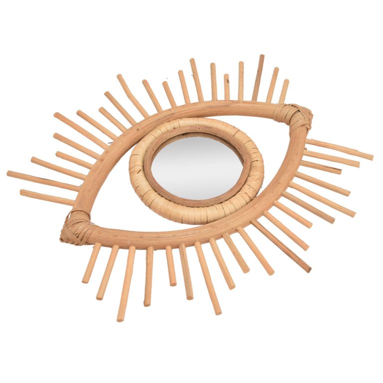 Eye-shaped rattan mirror with sunburst frame