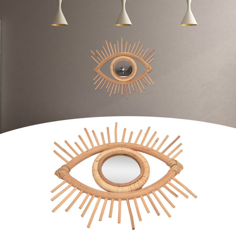 Rattan eye-shaped wall mirror with sunburst frame