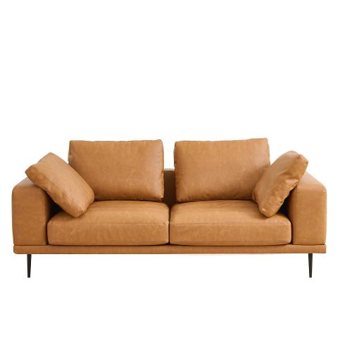 Tan leather two-seater sofa with cushions
