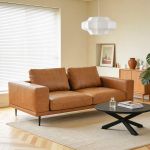 modern deep seated sofa, two seater, faux leather, brown brown pu leather Modern tan leather sofa in stylish living room