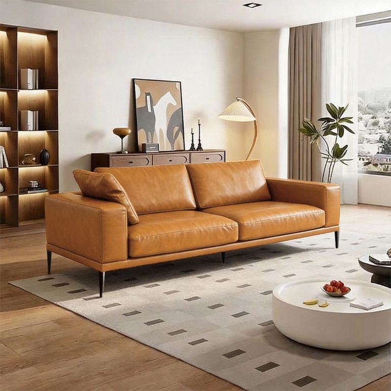 modern deep seated sofa, two seater, faux leather, brown brown pu leather Modern tan leather sofa in stylish living room