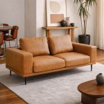 modern deep seated sofa, two seater, faux leather, brown brown pu leather Tan leather sofa in modern living room