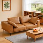 modern deep seated sofa, two seater, faux leather, brown brown pu leather Tan leather sofa in modern living room