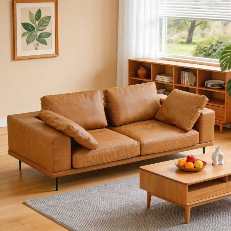 modern deep seated sofa, two seater, faux leather, brown brown pu leather Tan leather sofa in modern living room