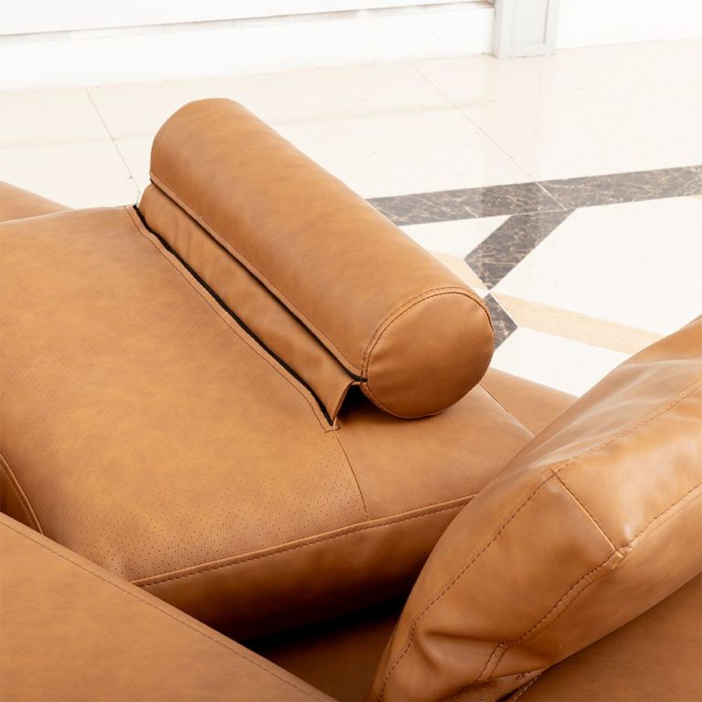 modern deep seated sofa, two seater, faux leather, brown brown pu leather Tan leather recliner headrest and armrest close-up