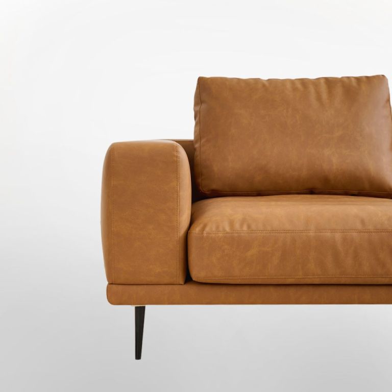 modern deep seated sofa, two seater, faux leather, brown brown pu leather Tan leather sofa with black metal legs