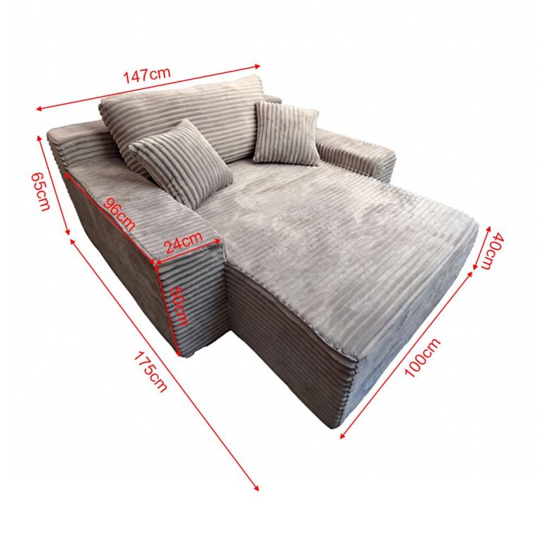 Beige corduroy chaise lounge with dimensions labelled