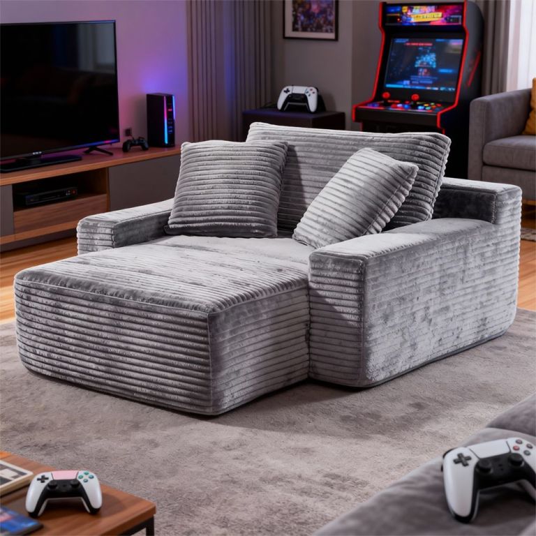 Grey corduroy lounge chair in gaming room