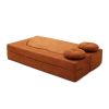 Brown fold-out sofa bed with round cushions