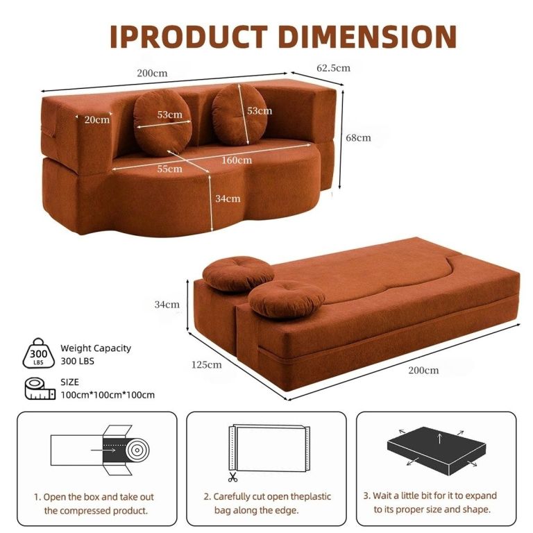 convertible folding sofa bed / plush corduroy loveseat couch orange Brown convertible sofa bed with dimensions diagram