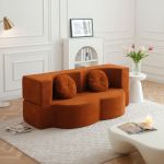 convertible folding sofa bed / plush corduroy loveseat couch orange Burnt orange curved sofa in modern living room