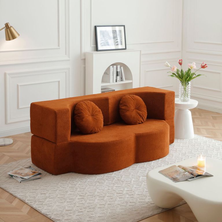 convertible folding sofa bed / plush corduroy loveseat couch orange Burnt orange curved sofa in modern living room