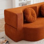 convertible folding sofa bed / plush corduroy loveseat couch orange Burnt orange curved sofa with round cushion
