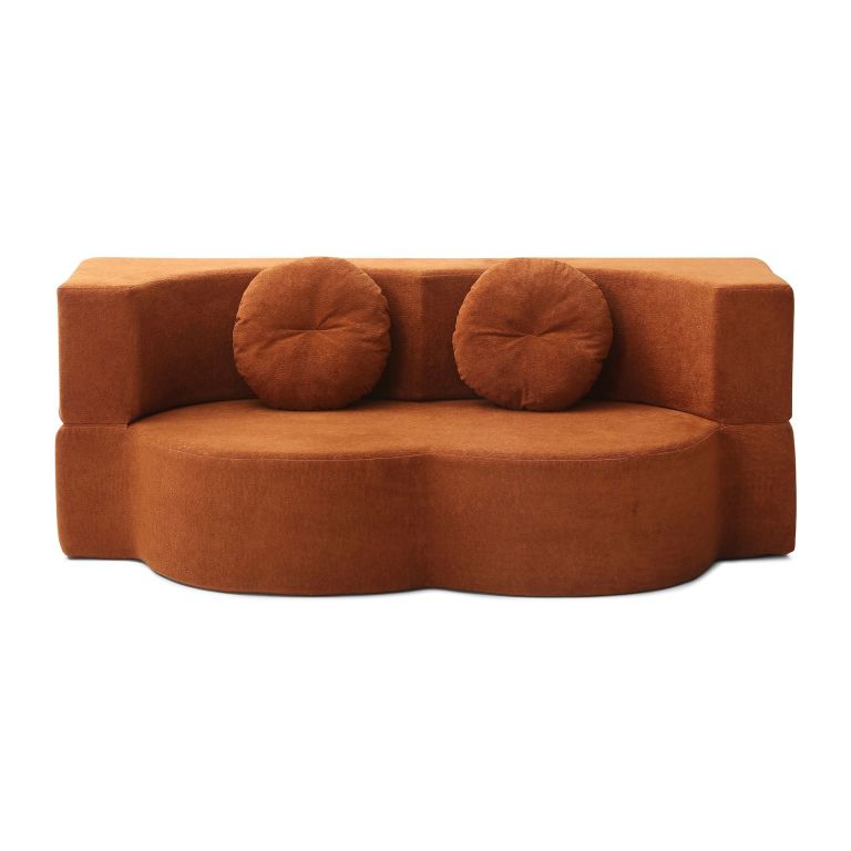 convertible folding sofa bed / plush corduroy loveseat couch orange Rust curved sofa with round cushions