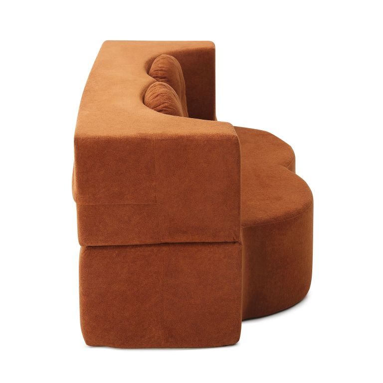convertible folding sofa bed / plush corduroy loveseat couch orange Rust-coloured curved upholstered armchair on white background