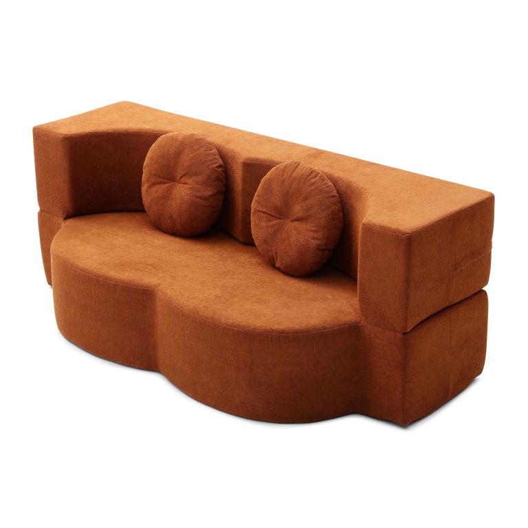 convertible folding sofa bed / plush corduroy loveseat couch orange Rust-coloured curved sofa with round cushions